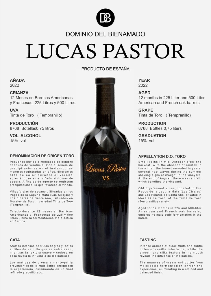 Lucas Pastor Crianza 2022-Dominio Bienamado-D.O. Toro-75 cl.